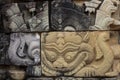 Ancient temple stone carved bas-relief in Angkor Wat. Barong daemon or dragon bas-relief closeup. Angkor Thom temple Royalty Free Stock Photo