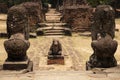 Ancient temple stone monument in Angkor Wat complex, Cambodia. Nandi bull and lion statue. Hindu temple sculpture.