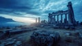 Ancient temple after sunset in Greece, classical Greek ruins on evening sky background, landscape with old building, rocks and Royalty Free Stock Photo