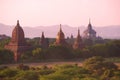 Ancient temples of Bagan in the violet twilight. Myanmar