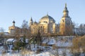 Ancient temples of the Borisoglebsky monastery on a sunny January morning. Torzhok