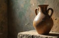Ancient terracotta jug with two handles sits on rough stone ledge. Textured rustic wall background with soft light and deep Royalty Free Stock Photo