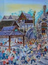 Ancient Thai Lanna style mural painting of Buddhist festival