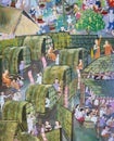 Ancient Thai Lanna style mural painting of Buddhist festival