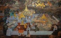 Ancient Thai mural painting of Ramakien or Ramayana epic on temple wall in Bangkok, Thailand