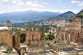 Ancient theatre in Taormina, Sicily. Beautiful pamoramic view Royalty Free Stock Photo