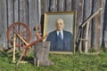 Ancient things near barn, painting Lenin, spinning wheel, felt boots