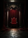 An ancient throne room the walls adorned with heavy red velvet curtains sits shrouded in darkness. Gothic art. AI