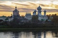 The ancient Tikhvinsky Assumption Monastery in sunset. Leningrad Oblast, Russia Royalty Free Stock Photo