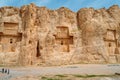 The ancient tombs of Achaemenid dynasty Kings of Persia are carved in rocky cliff in Naqsh-e Rustam, Iran