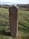 Ancient tombstone with curved saber in local cemetery