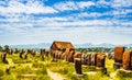 View on Ancient tombstones on cemetery of Noratus in Armenia, near the Lake Sevan in Armenia