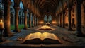 Ancient tome biblical religious scriptures in candlelit cloisters
