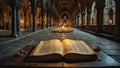 Ancient tome biblical religious scriptures in candlelit cloisters