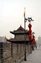 Ancient tower in a fog day in xian city wall with pagodas Royalty Free Stock Photo