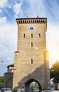 The ancient tower `Isartor` in Munich in Bavaria is one of four main gates of the medieval city wall Royalty Free Stock Photo