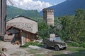 Ancient tower in the mountain village of Svaneti Georgia Mestia