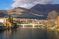 Ancient town on banks of river. Bosnia and Herzegovina, Republika Srpska. View of Trebisnjica river and Trebinje city