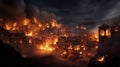 Ancient town burning in the night created with Generative AI. Lots of flames in the city.