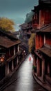 The Ancient Town in the South of The Yangtze River with Misty Rain and The Ancient Road Background Royalty Free Stock Photo