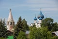 The ancient town of Suzdal. View on the blue domes with stars of the Kremlin. Gold ring of Russia. Vladimir region.