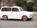 Ancient Trabant car. A Trabant runs through the streets of Budapest