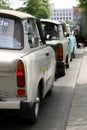 Ancient Trabant car. Vintage Trabant high-buildings parked in the German parliament district in Berlin