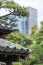 Ancient traditional Japanese roof against evergreen pines and contemporary skyscrapers on background Royalty Free Stock Photo