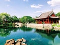 A Chinese ancient pavilion by the lake gardens at Montreal Botanical Garden Royalty Free Stock Photo