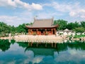 A Chinese ancient pavilion by the lake gardens at Montreal Botanical Garden Royalty Free Stock Photo