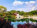 A Chinese ancient pavilion by the lake gardens at Montreal Botanical Garden Royalty Free Stock Photo