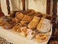 ancient traditional Shoe craft, woven from wood materials and birch bark natural Russian bast shoes as a Museum exhibit, modern