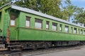 Ancient train, railway green passenger car Royalty Free Stock Photo