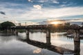 Ancient train running on bridge in River Kwai landmark of Kanchanaburi Royalty Free Stock Photo