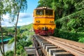 Ancient train running on wooden railway in Tham Krasae