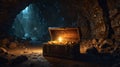 Ancient Treasure Chest Illuminated by Candlelight in a Dark and Mysterious Underground Cave Royalty Free Stock Photo