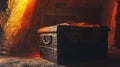 Ancient treasure chest in mysterious cave illuminated by warm light Royalty Free Stock Photo