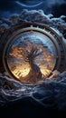 Ancient tree gazes upon a frozen clock, while city dreams beyond