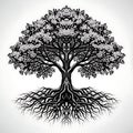 Ancient tree with intricate root system and branches in monochromatic artwork Royalty Free Stock Photo