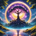 Ancient tree of life Yggdrasil grows on a high hill, emitting the energy of nature into the world