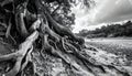 Ancient Tree Roots Exposed on a Riverbank in Monochrome Royalty Free Stock Photo