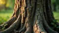 Ancient tree trunk base at golden hour sunlight, showing deeply textured bark and exposed roots in a serene natural setting. Royalty Free Stock Photo
