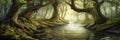 Ancient trees arch over mystical river timeless pathway fog-filled forest illustration