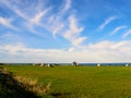 Ancient trulli, countryside, sea and clouds in Puglia