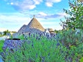 Ancient Trulli, traditional very old houses with lavender and other aromatic plants