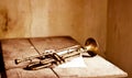 An ancient trumpet from the 30s and the notes of an old Jazz song Royalty Free Stock Photo