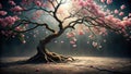 An ancient, twisted tree in full pink blossom, sunlight filtering through branches, fallen petals scattered on the ground. Royalty Free Stock Photo