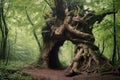 ancient twisted tree trunk in dense woods