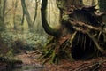 ancient twisted tree trunk in dense woods