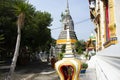 Ancient ubosot ordination hall and antique chedi stupa for thai people travel visit respect praying blessing buddha holy mystery